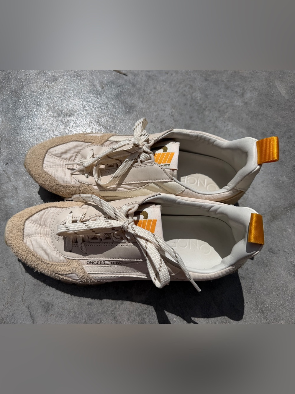Oncept NYC Women’s Cream Beige Sneakers Orange Accent Suede Retro
